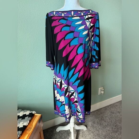 DONNA MORGAN Dress Knee Length Boat Neck Stretchy 3/4 Sleeve Colorful Women's 14 - Picture 1 of 7